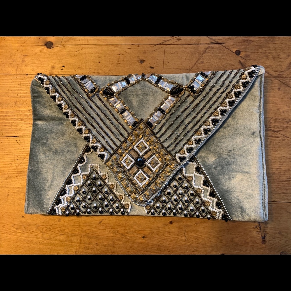 Never used gray velvet beaded clutch